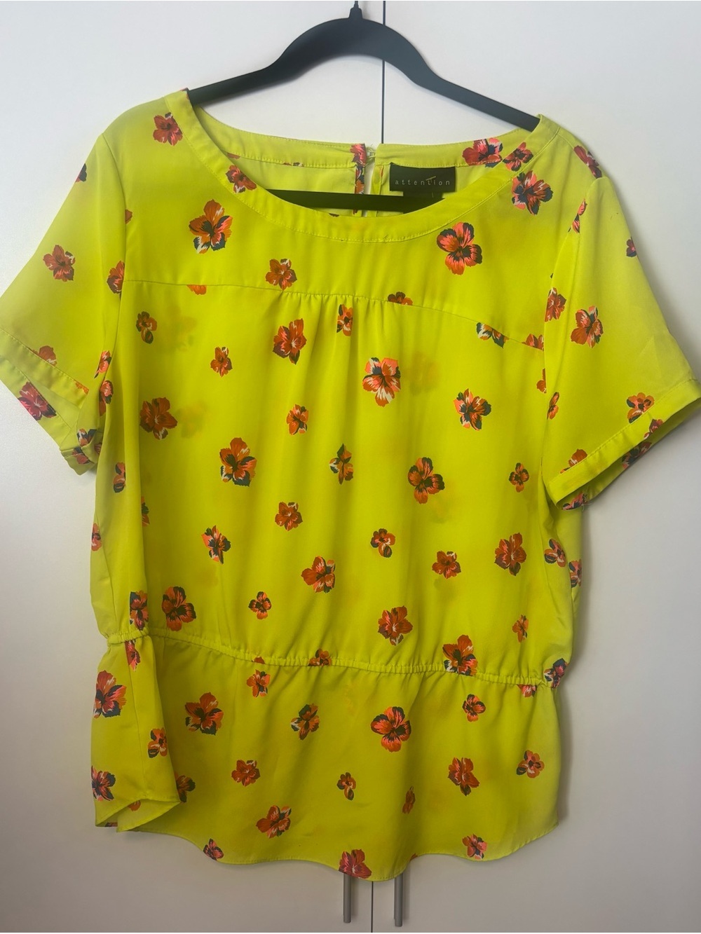 attention Neon Yellow Floral Short Sleeve Blouse